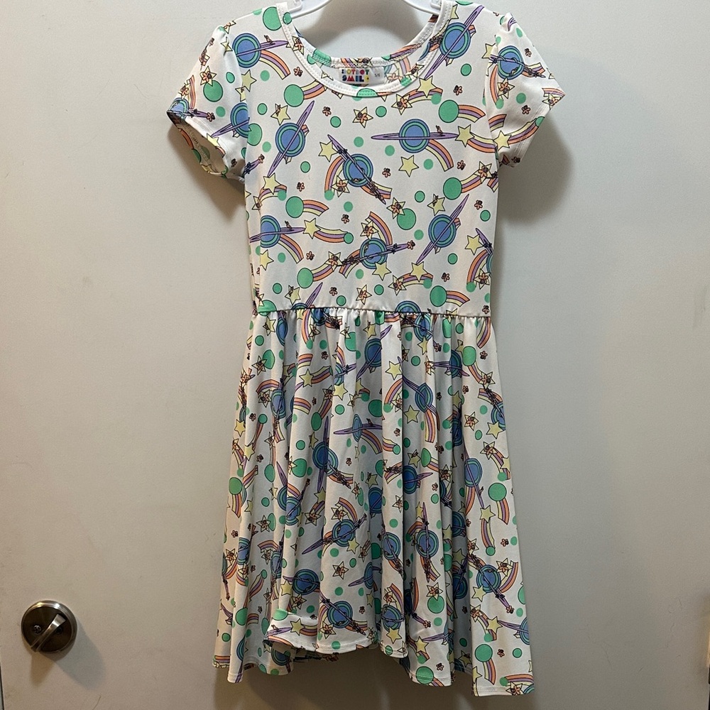 Dot Dot Smile Kids Space-Themed Dress - White with Multicolor Print Size 5/6